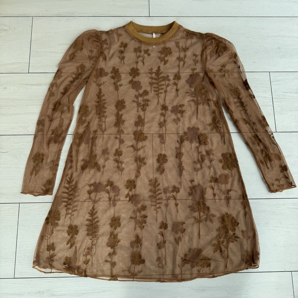 Free People Celina Brown Sheer Lace Mini Dress Womens XS Long sleeve Embroidered - Picture 3 of 13
